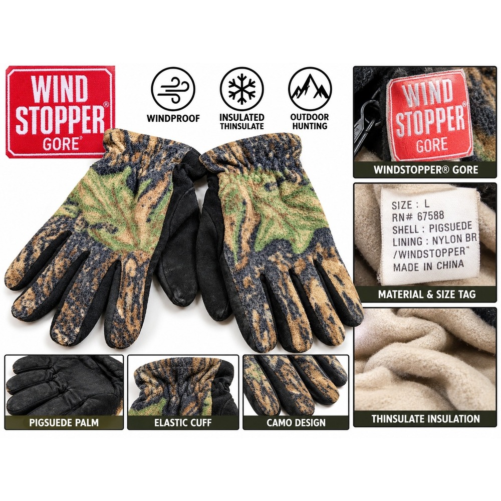 Windstopper Gore Camo Hunting Gloves Mens Large Pig Suede Thinsulate Insulated
